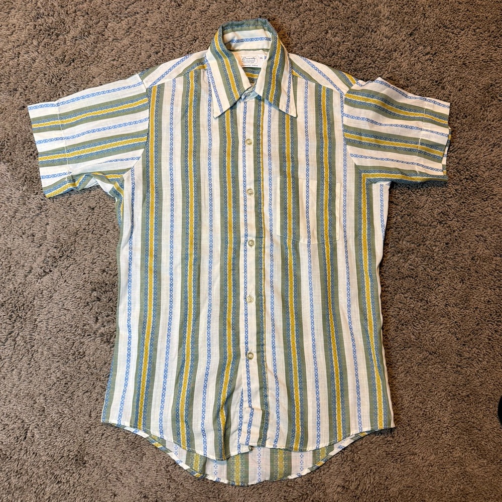 Boys vintage 70s striped short sleeve shirt security brand polyester SL37